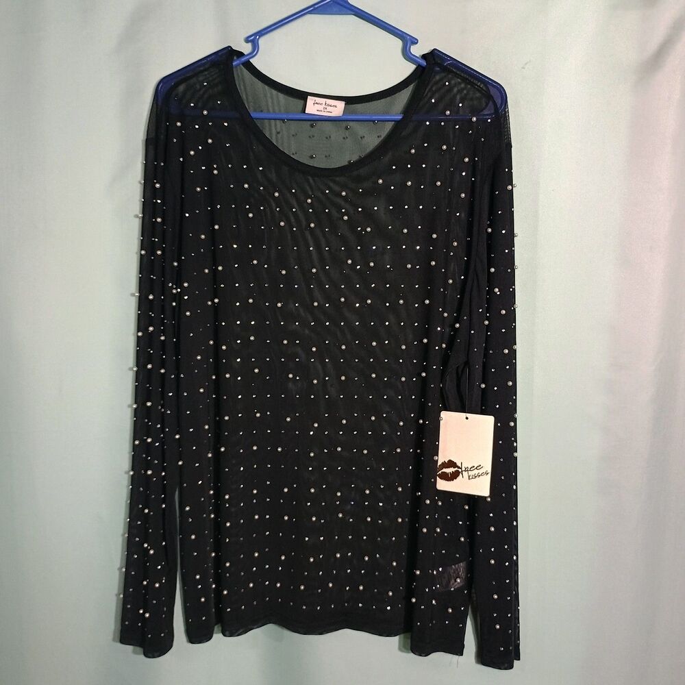 Black Sheer Mesh Rhinestone and pearl Studded Long Sleeve Top Glam Party Blouse